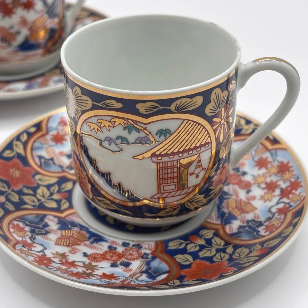 Set of 6 Tea Cup and Saucer Lithopane Japan Bone China Gold Trim Vintage